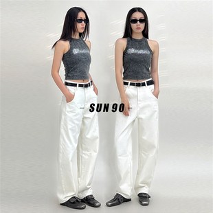 SUN90 白色香蕉牛仔裤女2024春秋新款高端小个子梨形高腰镰刀裤