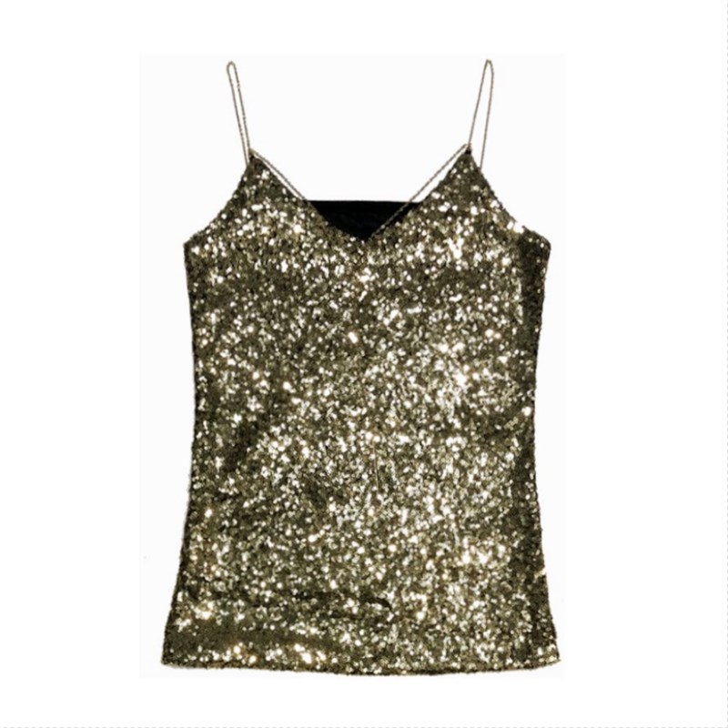 春季2020新款性感v领金属链条黑色亮片吊带背心外穿打底衫上衣女