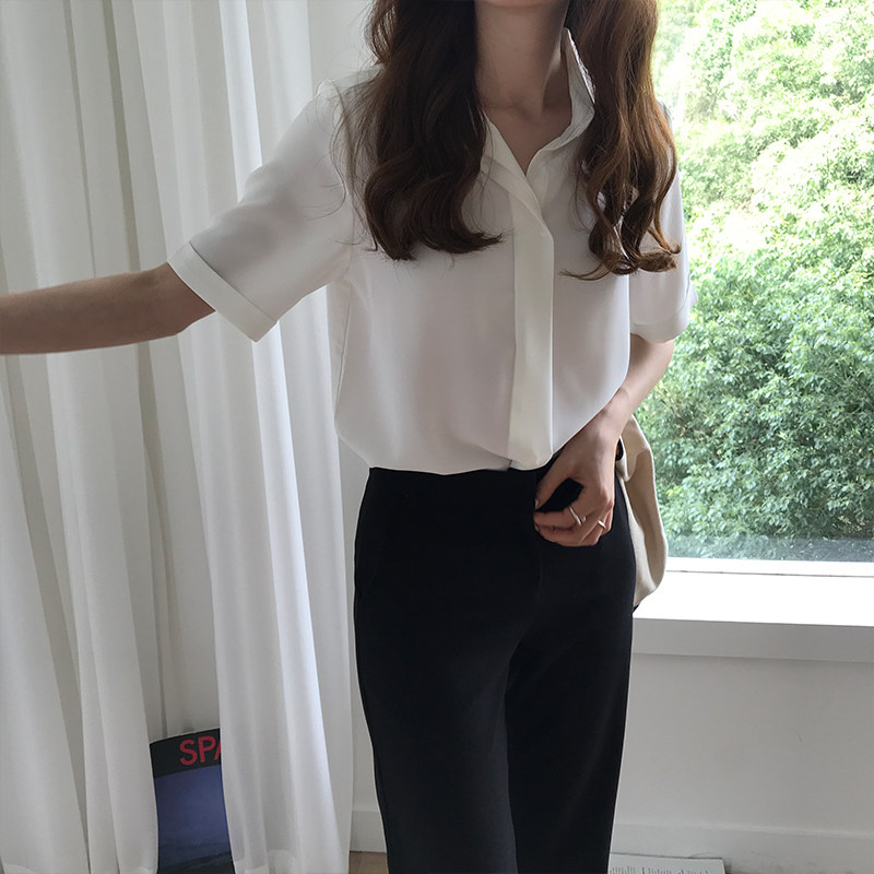 白色雪纺衬衫女士短袖宽松职业装工作服夏季薄款抗皱垂感蓝色衬衣