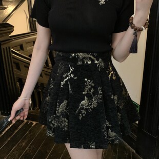 搭配马面裙的针织上衣修身显瘦黑色新中式国风盘扣短袖t恤女夏季