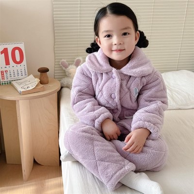 女童冬季睡衣暖暖绒三层加厚夹棉套装男童加绒家居服儿童居家外穿