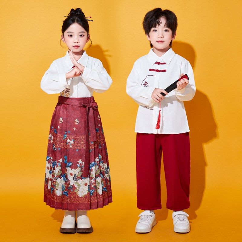 儿童中国风演出服男童汉服小学生诗歌朗诵合唱服女童马面裙表演服