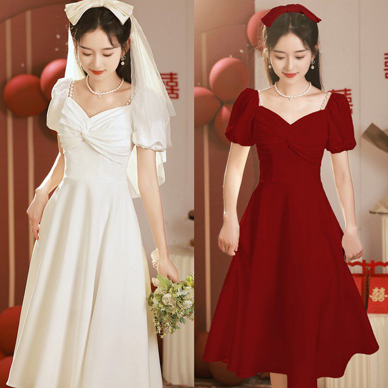 白色领证登记伴娘服女2024新款夏季小个姐妹团毕业礼服裙平时可穿