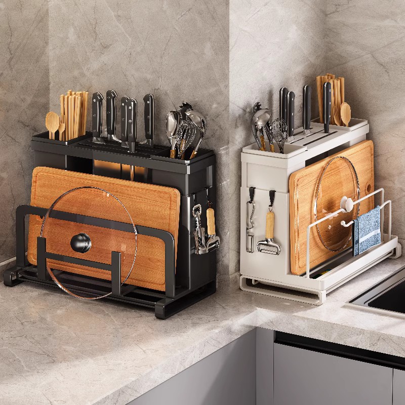 厨房刀架置物架台面沥水家用放菜刀架锅盖砧板筷子刀具收纳架一体