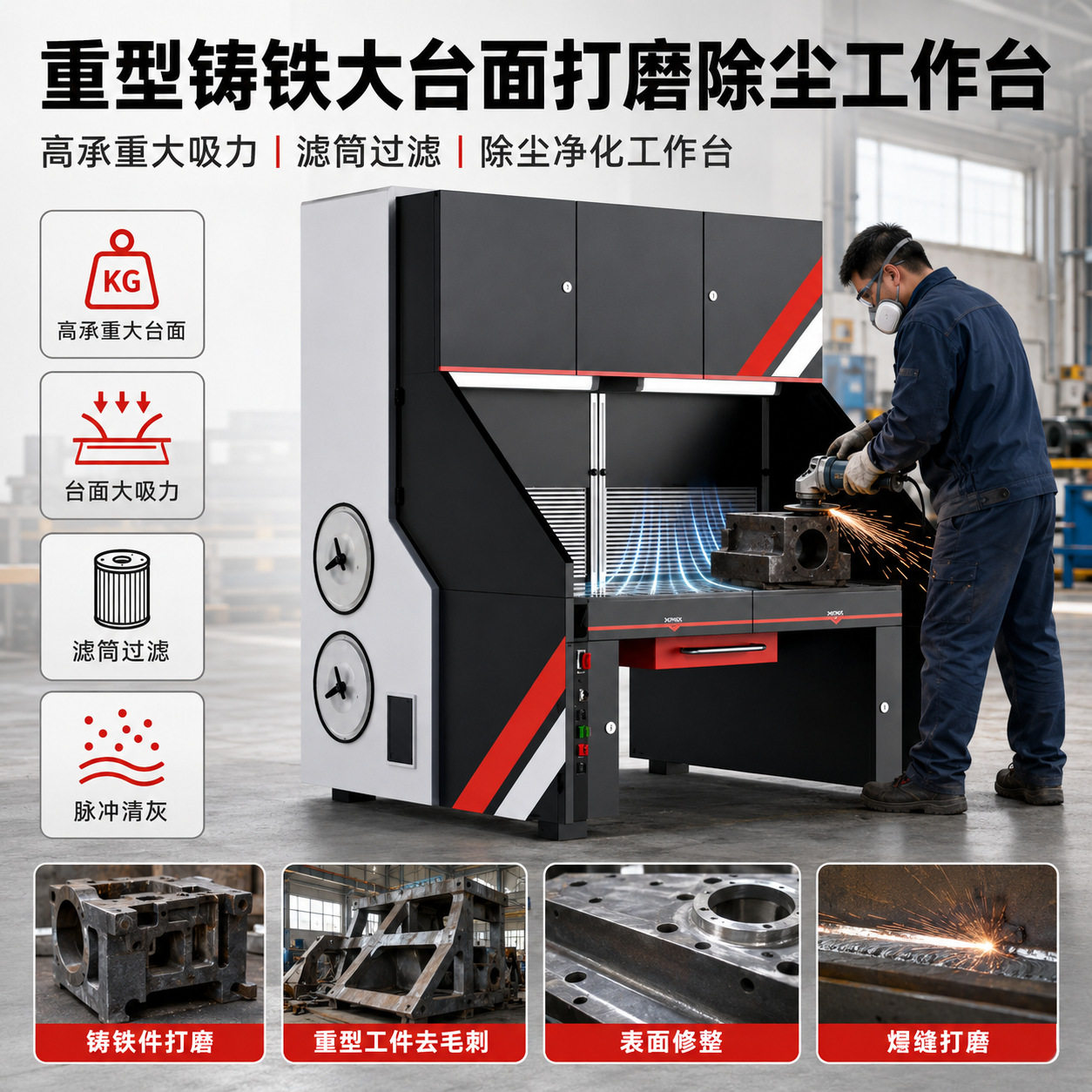 重型铸铁大台面打磨除尘工作台高承重大吸力滤筒过滤除尘工作台