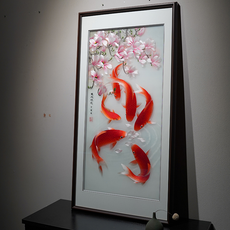 湘绣成品挂画锦鲤客厅玄关装饰画鱼戏琼花纯手工湘秀中国风刺绣画