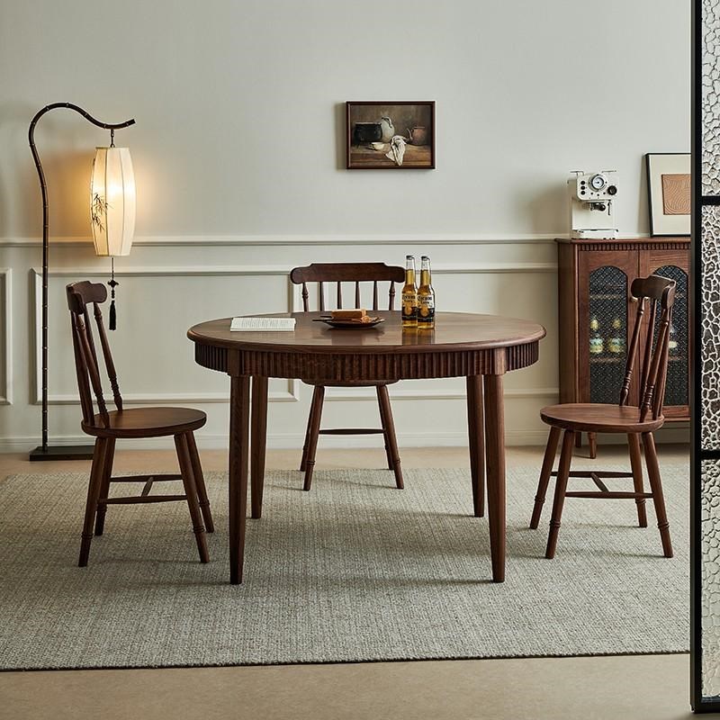 北美圆桌中古风餐桌法式小户型饭桌子圆形餐桌复古全实木