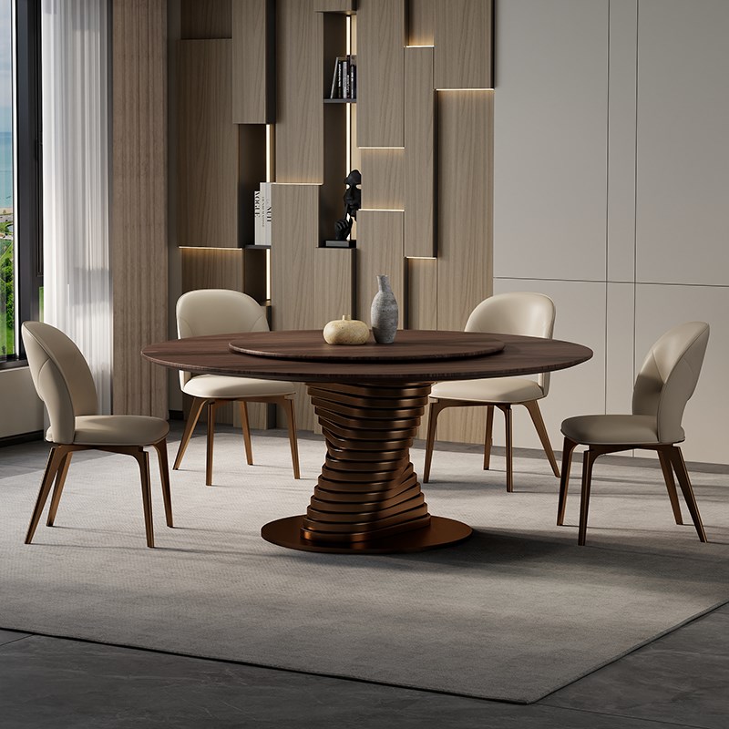 意式极简白蜡木实木餐桌高端别墅圆形设计师旋转叠加黑胡桃餐桌