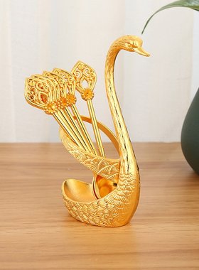 金色合金轻奢天鹅6支装水果叉可爱咖啡勺儿童甜品叉勺套装蛋糕叉