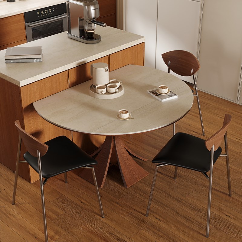 暮奢中古风洞石岩板实木圆餐桌家用小户型可伸缩方圆两用桌