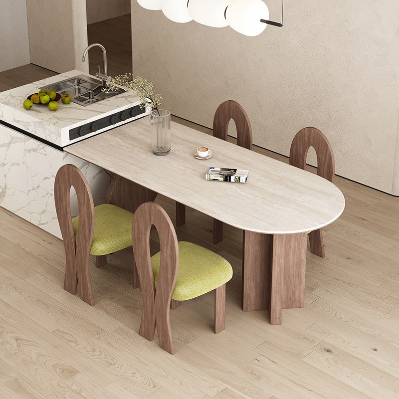 法式中古风餐桌小户型家用洞石岩板半椭圆岛台实木餐桌椅