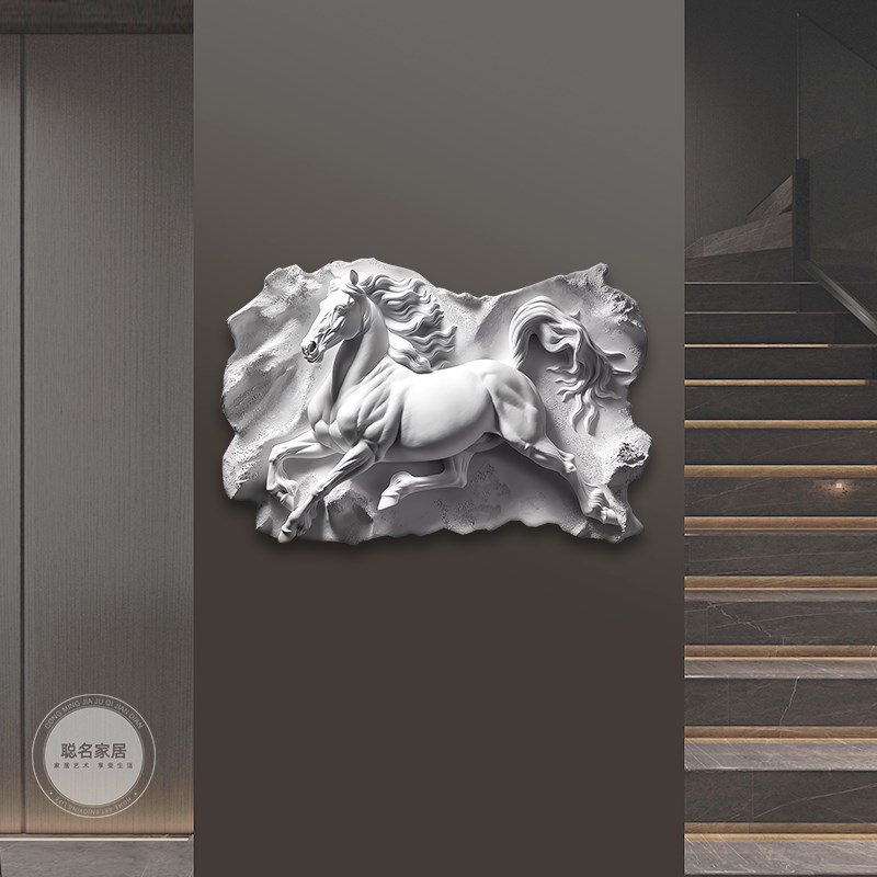 马到成功玄关装饰画浮雕立体感客厅沙发背景墙壁挂画高级感砂岩画