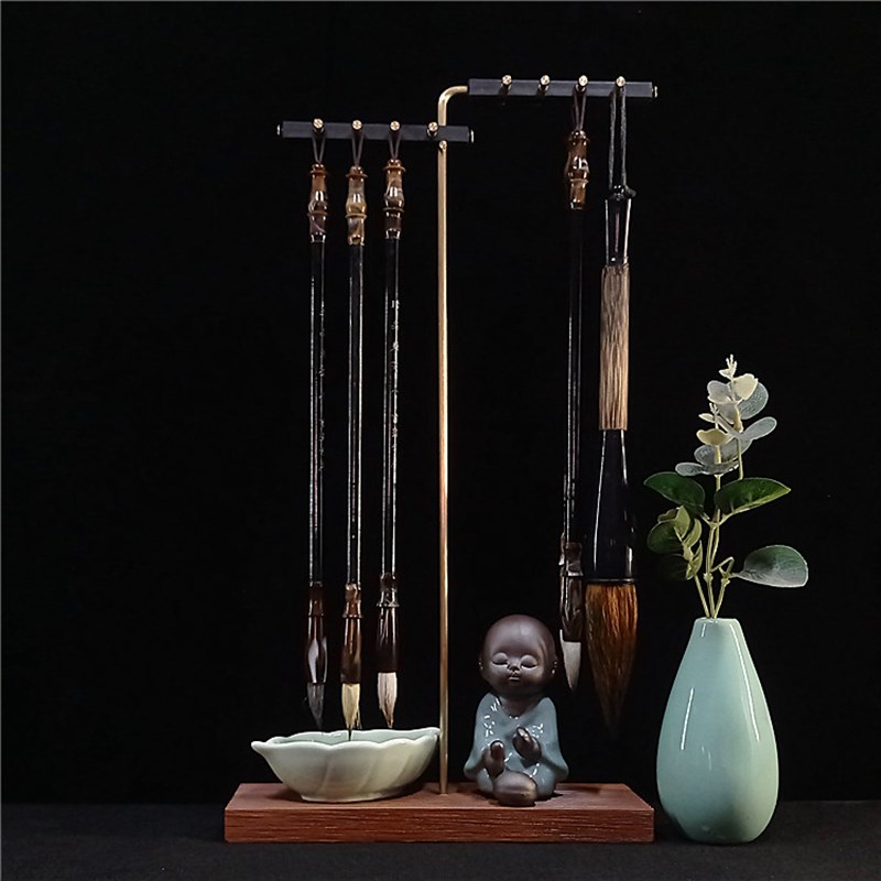 铜杆笔架毛笔挂学生墨碟创意摆件挂笔卖笔展示架毛笔架砚台兜水