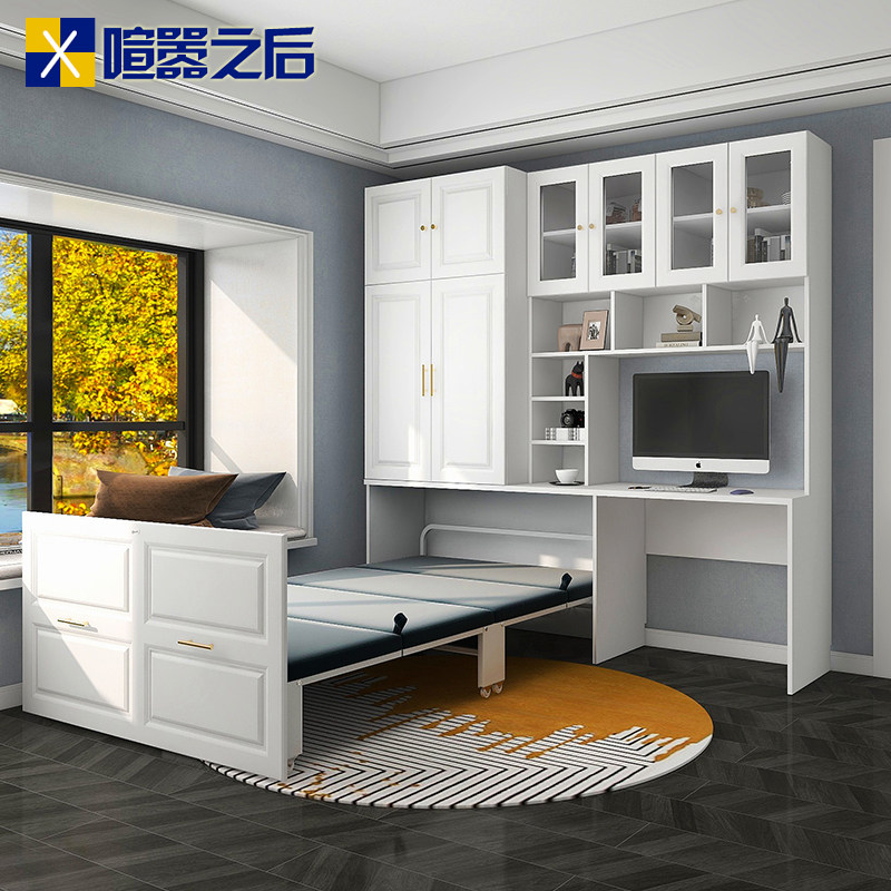 现代书桌书柜一体午休床小户型书房伸缩单人抽拉床,住宅家具,可折叠床,淘宝优惠券,粉丝福利购,淘宝优惠卷