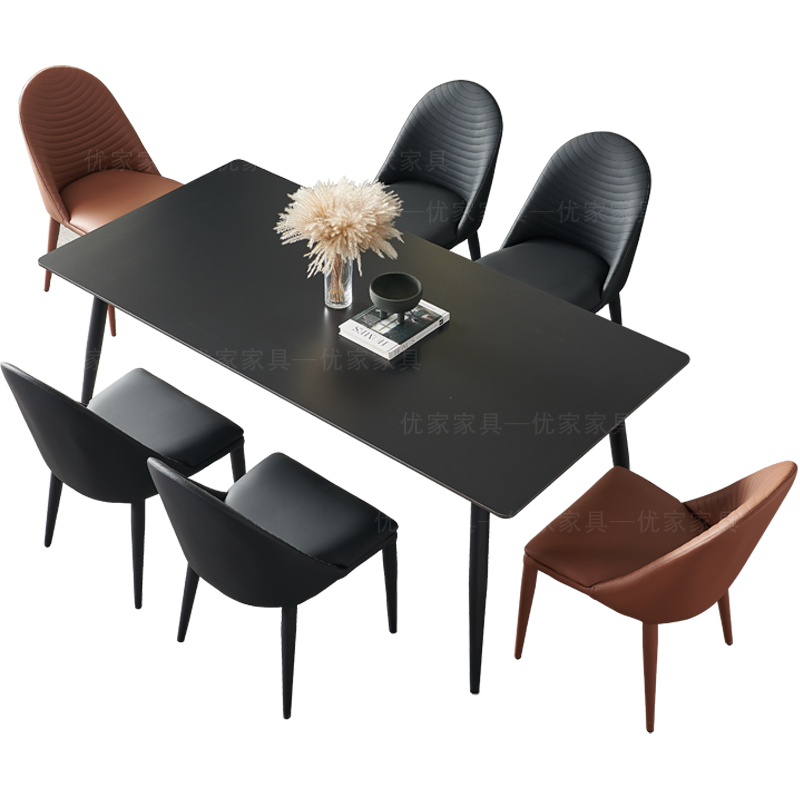 意式纯黑岩板餐桌长方形现代大小户型家用饭桌黑椅人极简