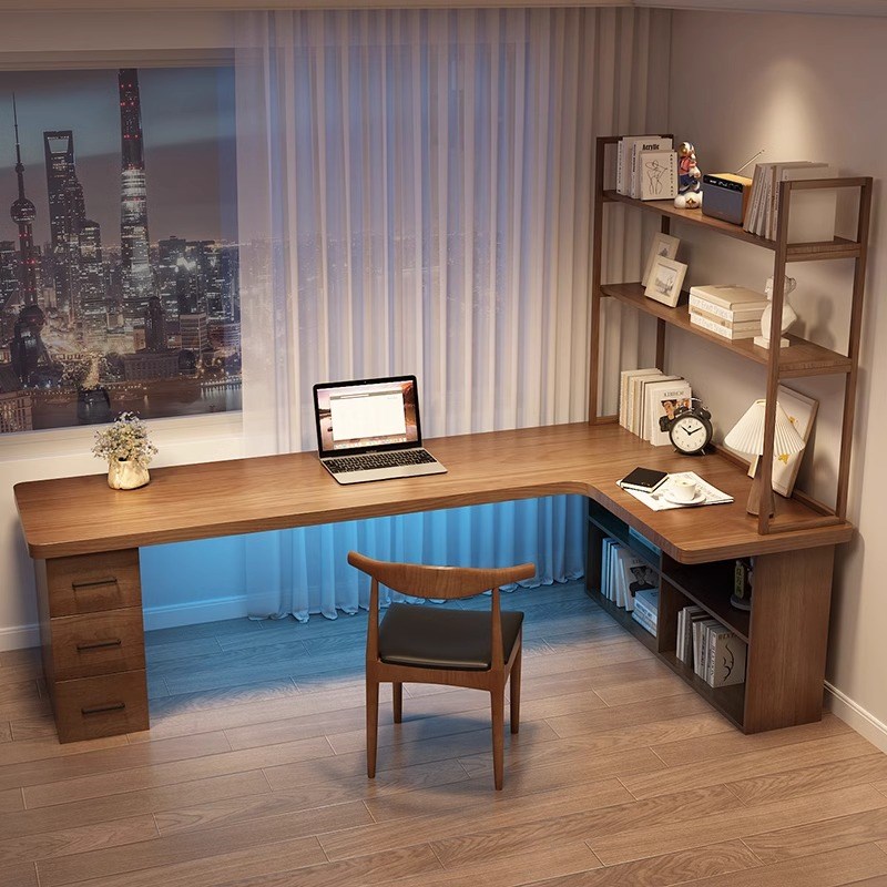 实木写字转角书桌书柜一体书架客厅家用卧室L形带抽屉电脑桌