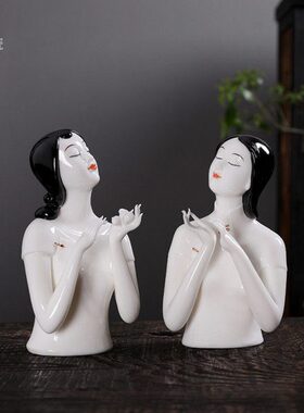 白瓷姐妹花美女对摆家居工艺品 中式仕女玄关装饰品瓷器