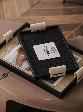 轻奢玄关钥匙收纳盘盒中古高档黑色皮革质香薰托盘法式装饰品摆件