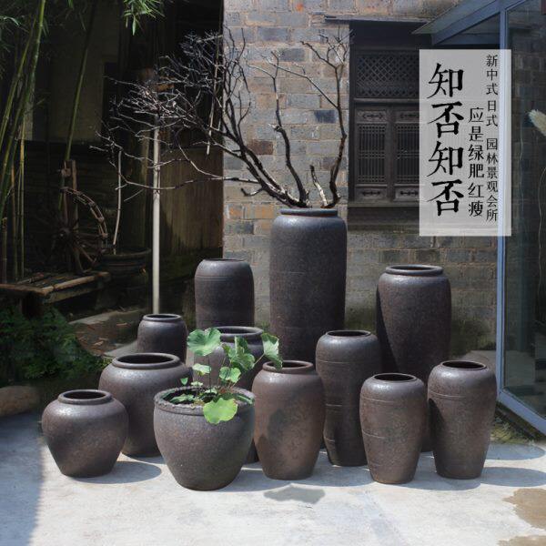 民宿手工陶瓷复古粗陶罐酒店茶楼落地花瓶庭院荷花缸坛子日式摆件