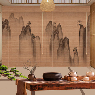 升降茶室隔断背景装 碳化山水风景画印花竹帘卷帘窗帘卷拉式 饰帘子