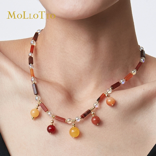 MOLLOTTO魔乐桃天然彩宝K金复古红玛瑙质感蜂蜜玉锁骨链项链女