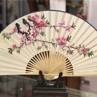 荣昌折扇    手绘 双面扇  桃花  舞台道具  9寸真丝  全手工