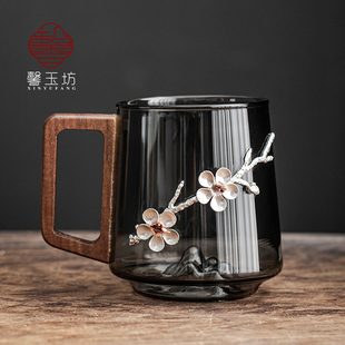 轻奢锡梅花烟灰玻璃杯耐高温家用木把喝水杯创意观山办公室个人杯