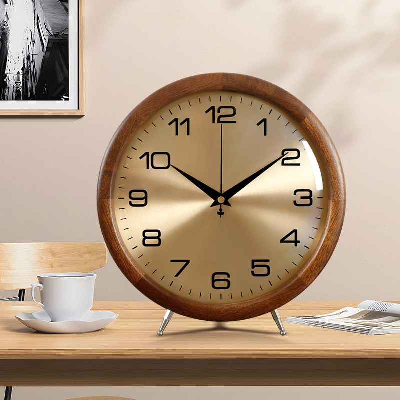 胡桃实木钟表座钟客厅家用2024新款台式摆放复古静音时钟自动对时