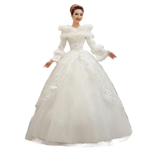 婚纱礼服2021新款新娘结婚冬季保暖加厚齐地长袖小个子冬天秋冬款