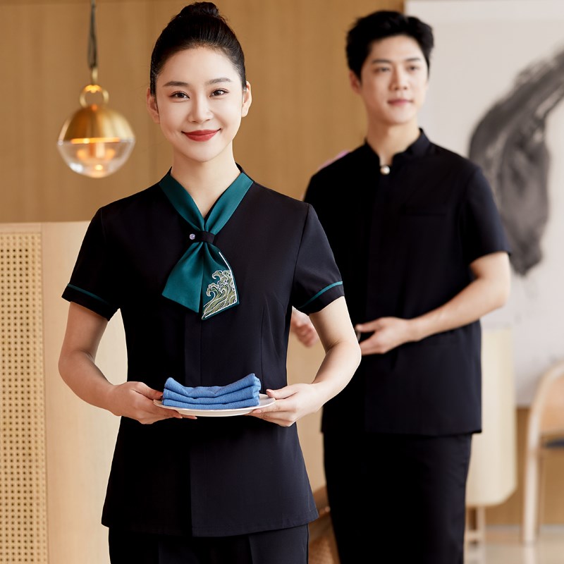 高档酒店餐饮服务员工作服短袖中式饭店国风饭厅服务员工装夏季女