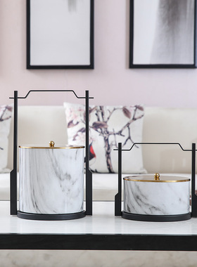 新中式创意礼品样板房软装饰品金属大理石纹圆形收纳饰盒书房摆件