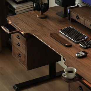 黑胡桃木电动升降书桌智能电脑桌子实木学习桌多功能办公工作台
