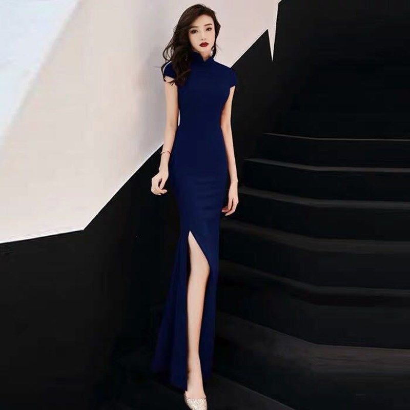 盈可人大码中国风改良旗袍鱼尾裙开叉礼服胖MM显高主播轻熟连衣裙