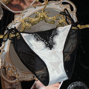 高级感缎面珠光法式性感睫毛蕾丝两边系带可解开内裤女士网纱