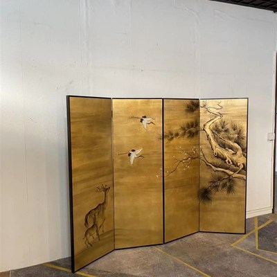折屏屏风隔断玄关金箔手绘漆画屏古松日式仙鹤移动背景墙