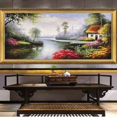 饰画挂画 手绘欧式 客厅装 有框画 幸福家园 风景山水油画天鹅湖