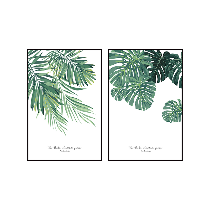 北欧绿植装饰画小清新组合壁画龟背叶双联挂画树叶油画布两联墙画图片