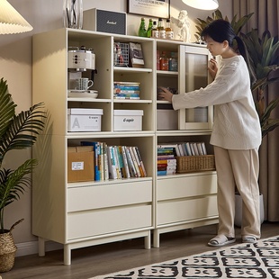 萨洛美式白色实木书柜模块化组合书架云朵奶油风玻璃门置物展示柜