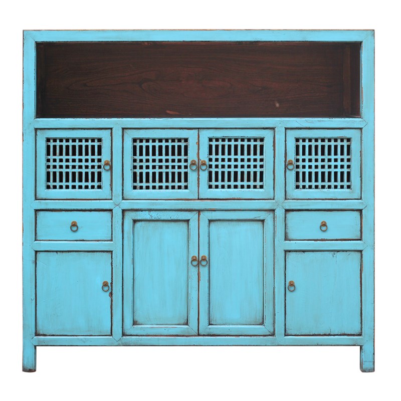 新中式仿古做旧家具餐边柜2屉8门格子碗柜实木卧室储物柜小书柜