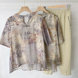 宽松套装 中年妈妈新款 两件套中老年女士时尚 气质雪纺花色短袖 夏装