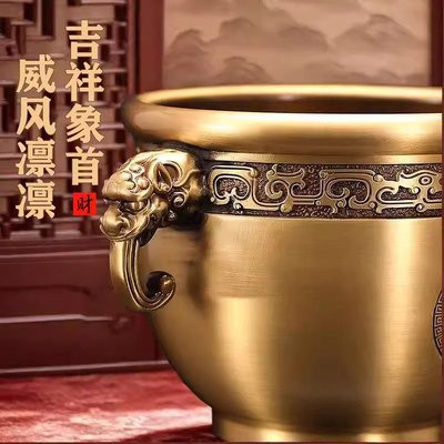 纯铜象鼻缸黄铜缸聚宝盆摆件客厅办公室桌面招财进宝乔迁开业礼品