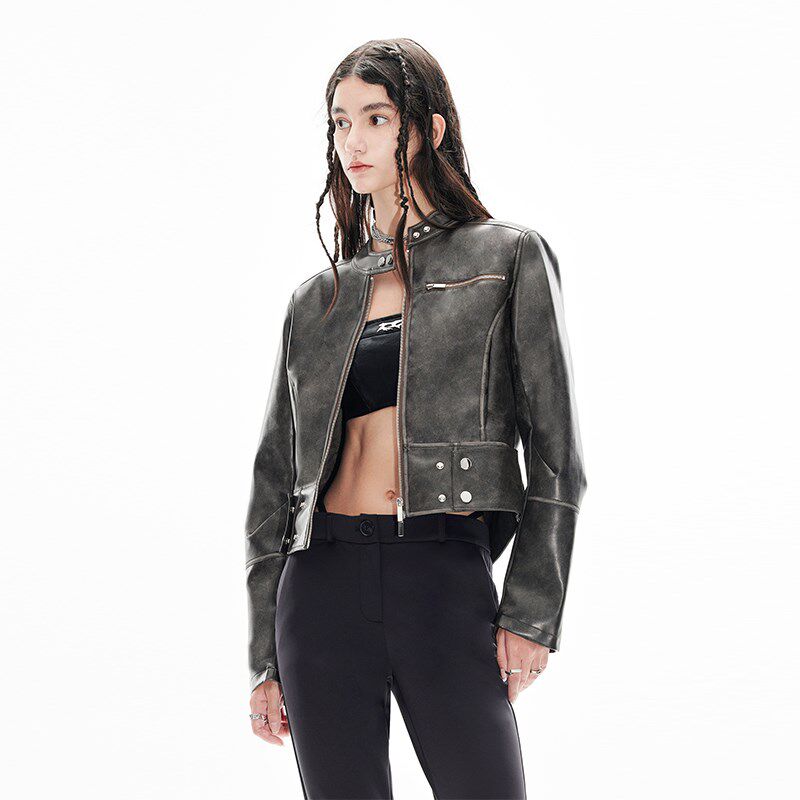 EMPTY PAGE咖啡色短款擦色做旧皮衣女百搭显瘦秋款皮夹克