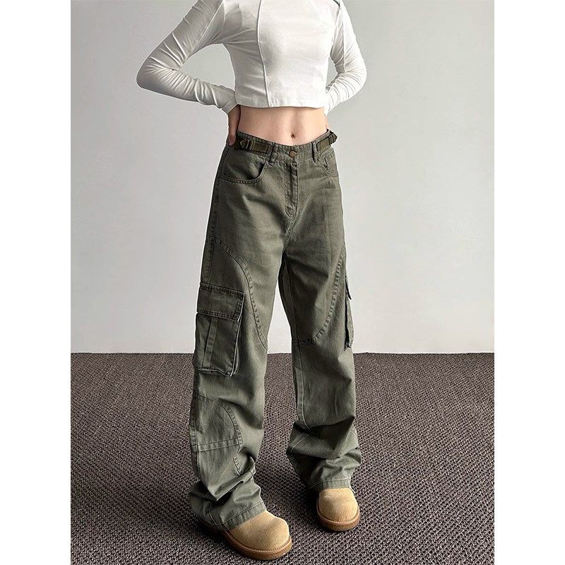 美式宽松多口袋阔腿工装牛仔裤女2024春秋新款高腰显瘦直筒长裤子,女装/女士精品,大码裤装,淘宝优惠券,粉丝福利购,淘宝优惠卷