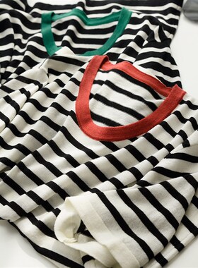 84364 女士羊毛针织短袖 基础款条纹圆领T恤百搭针织衫 春夏款