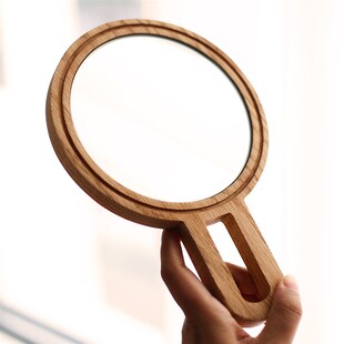 黑胡桃橡木悬挂手柄化妆镜子便携实木手持梳妆美容镜定制LOGO刻字