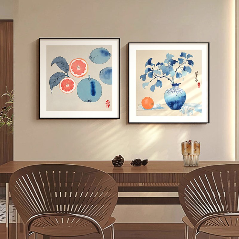 小清新橙色水果餐厅装饰画青花瓷厨房壁画正方形客厅背景墙面挂画