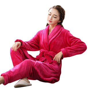 秋冬款法兰绒睡袍女冬季浴袍两件套加厚珊瑚绒睡衣套装冬天家居服