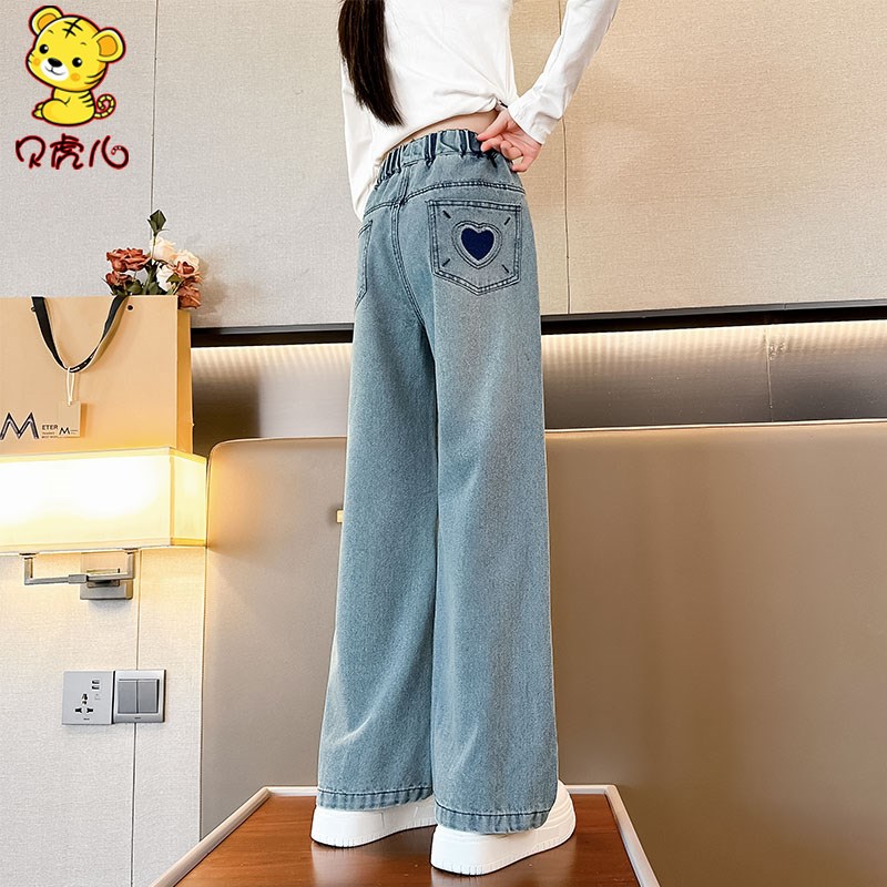 女童裤子春秋外穿2024新款中大童休闲直筒牛仔女孩春季儿童阔腿裤
