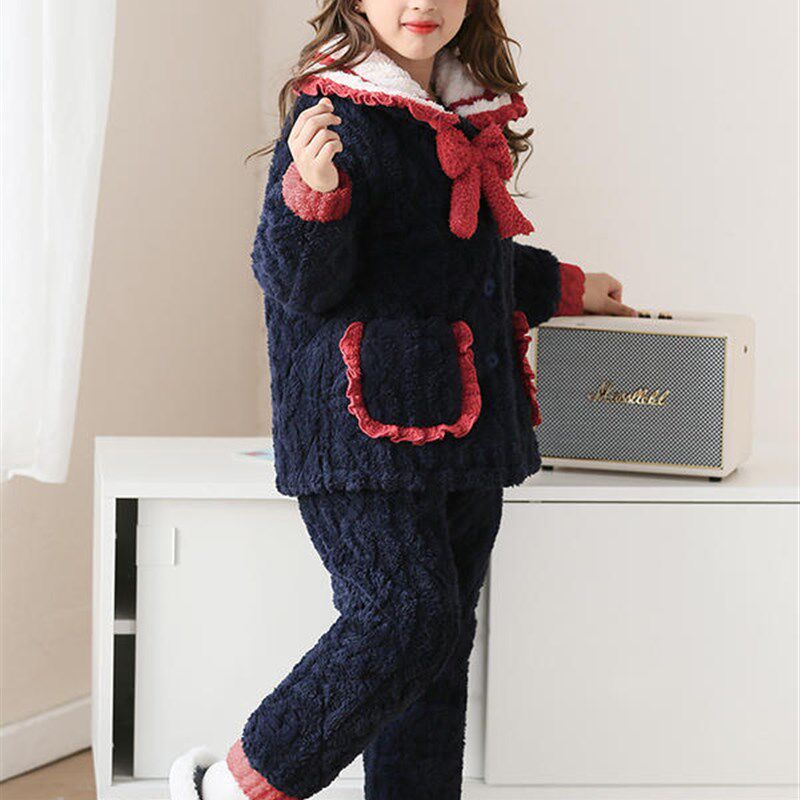 儿童睡衣女童冬季珊瑚绒三层夹棉加厚宝宝中大童法兰绒家居服套装