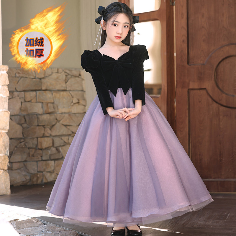 女童礼服冬季高端花童小女孩公主裙儿童主持人钢琴演出服加绒加厚